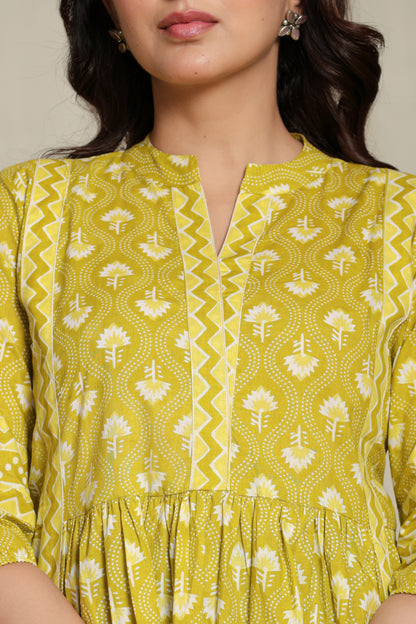 Mustard Cotton Printed Short Kurti for Women