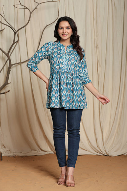 Sky Blue Cotton Printed short kurti for Women