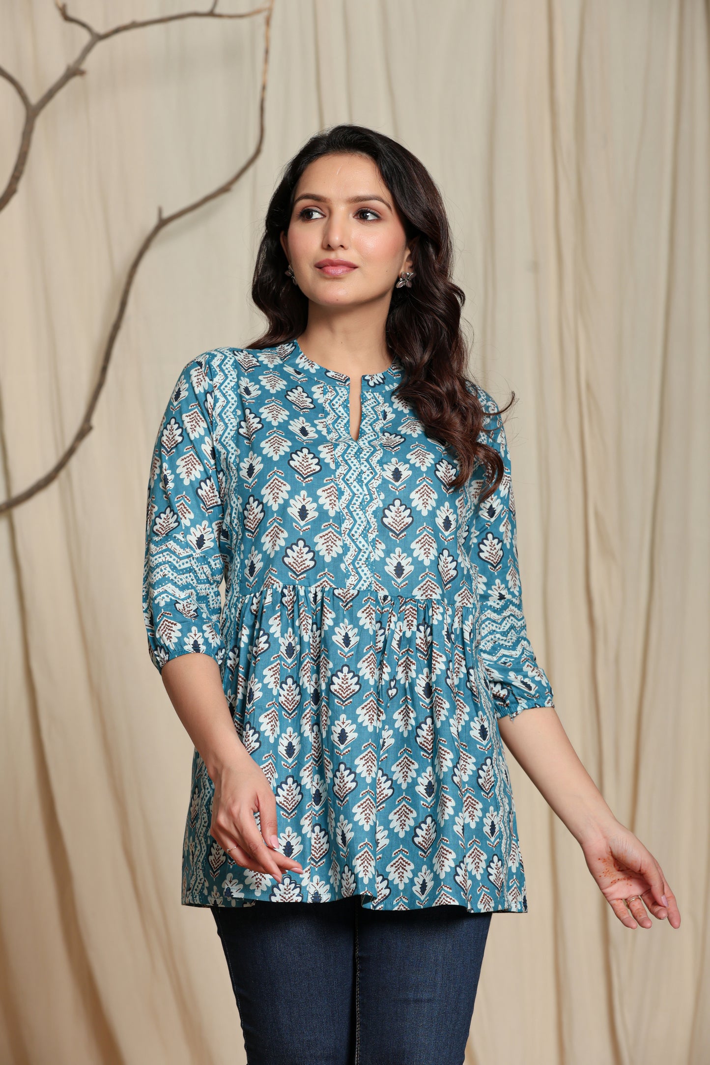 Sky Blue Cotton Printed short kurti for Women