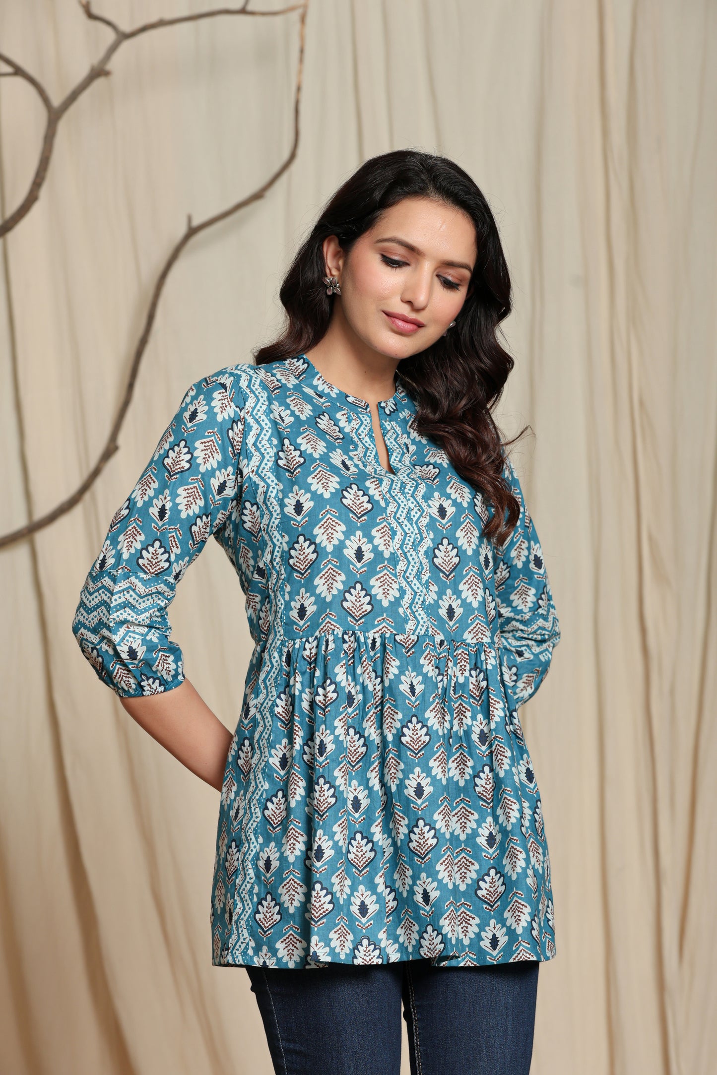 Sky Blue Cotton Printed short kurti for Women