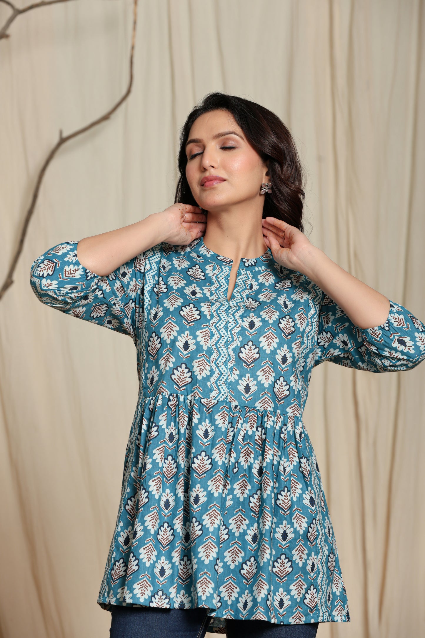 Sky Blue Cotton Printed short kurti for Women