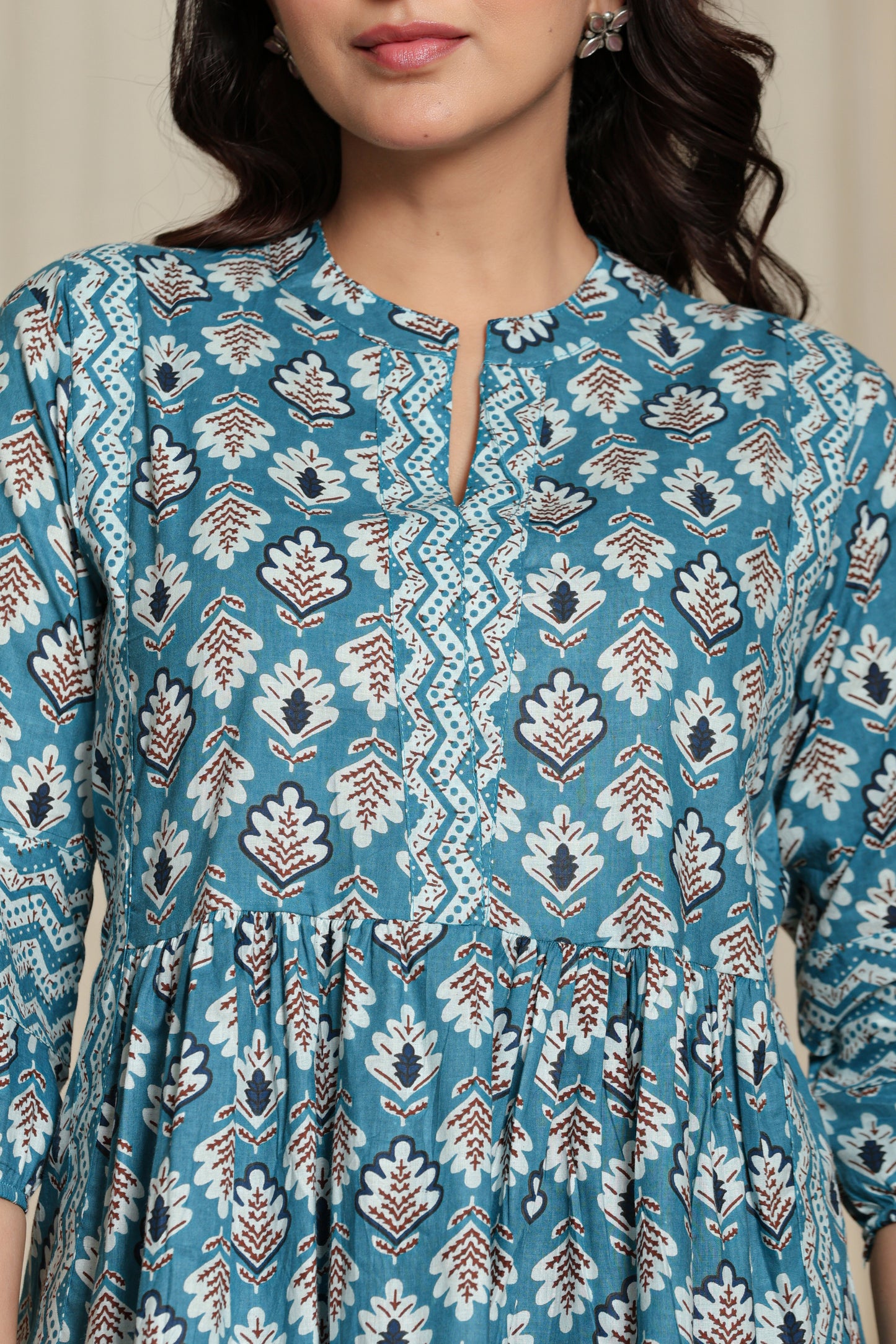 Sky Blue Cotton Printed short kurti for Women