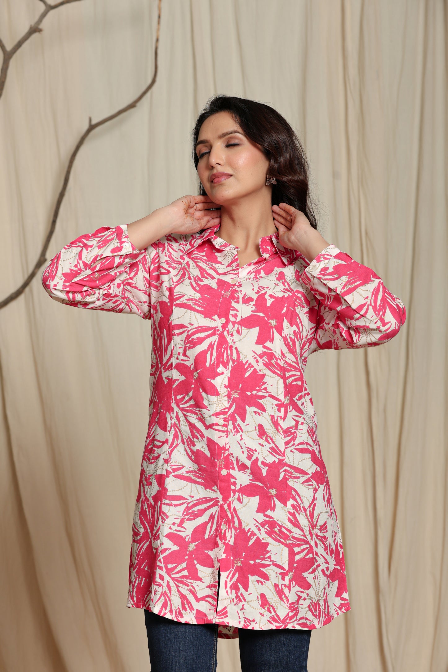 Beautiful Pink Floral Printed Short Kurti with Shirt Collar and Center Faux Button Detail