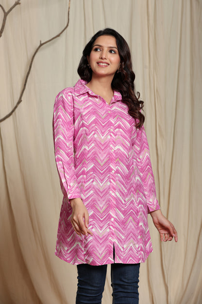 Abstract Lavender Printed Short Kurti with Shirt Collar and Statement Button Detailing