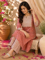 Rayon Printed Straight Kurta Pant Set- Peach