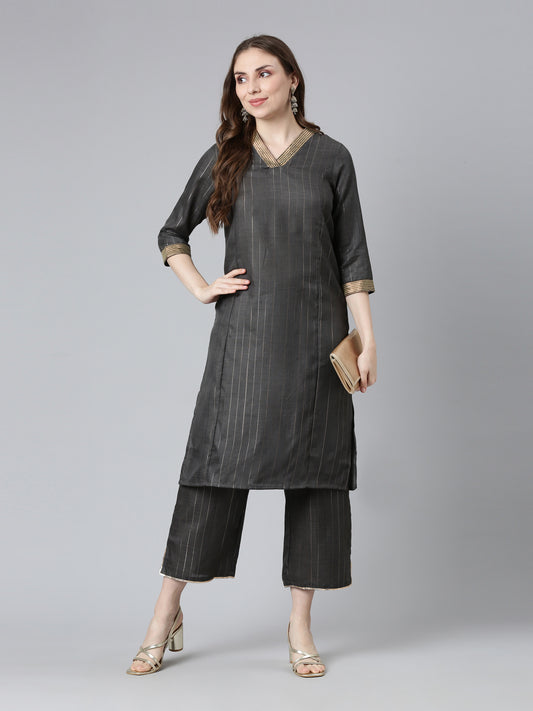 front view of Black Lurex Straight Cotton Kurtis For Women With Pants from samhitas apparel