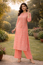 Muslin Printed Straight Kurta Pant Set -Light Orange