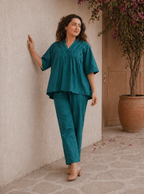 Teal Blue Cotton Gathered Tunic & Straight Pant Co-ord Set