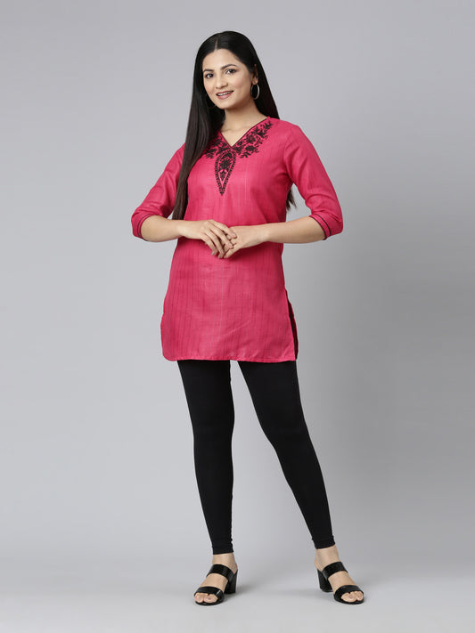 FRONT VIEW IMAGE OF DARK PINK SHORT KURTI WITH NECK AND SLEEVE EMBROIDERY FROM SAMHITAS APPAREL