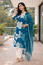 Cotton Flex Printed Kurta Set with Dupatta -Royal Blue