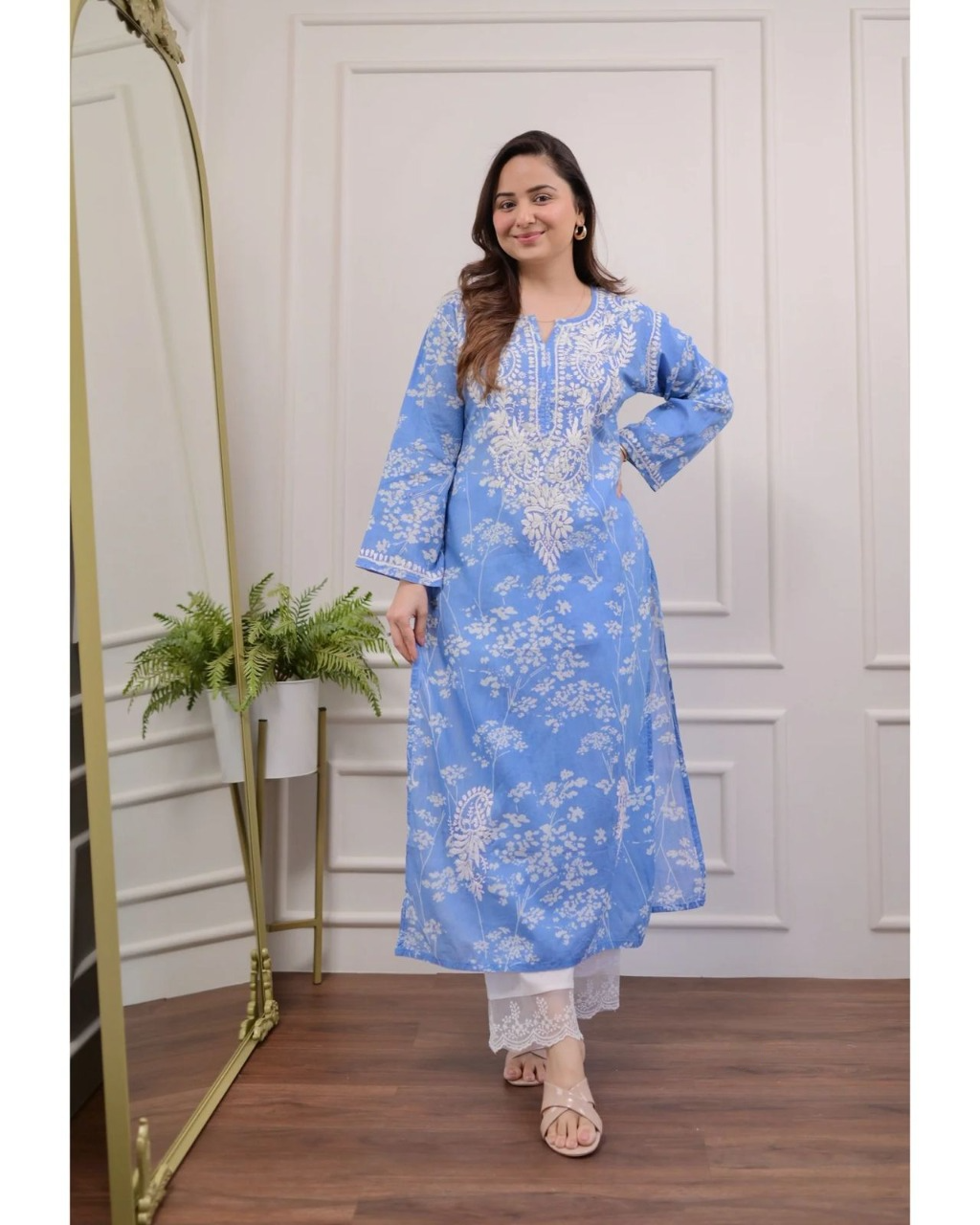 Sky Blue Color Kurta Set With White Abstract Print