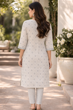 Rayon Printed Straight Kurta Pant Set- Kalki Light Grey