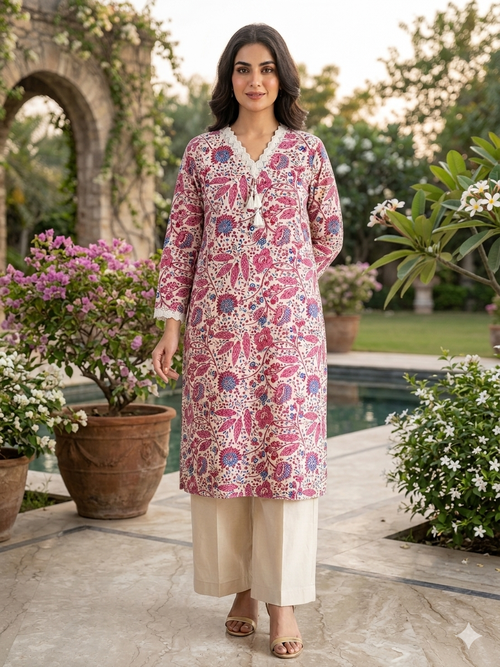 Cotton Flex Printed Kurta Set with Dupatta - Marron