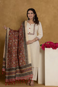 Off-White Cotton Kurti Set with Floral Embroidery And Dora Silk Dupatta