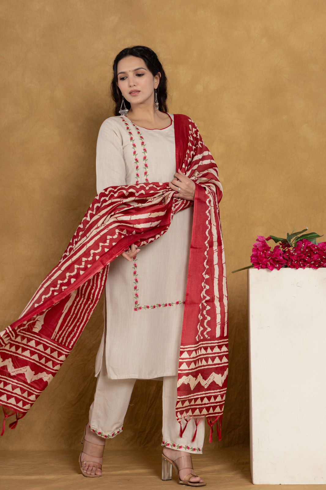 Cotton Flex Floral Embroidered Kurta Set with Printed Dupatta