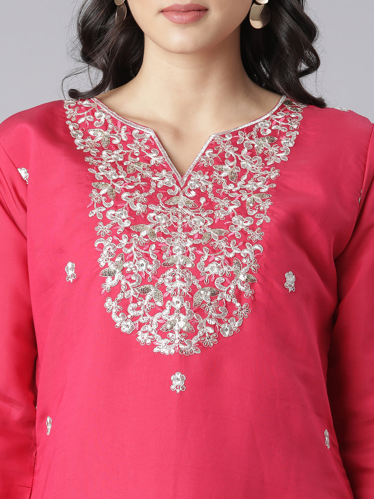 Pink Floral Embroidered Kurta Set with Gold Threadwork and Organza Dupatta