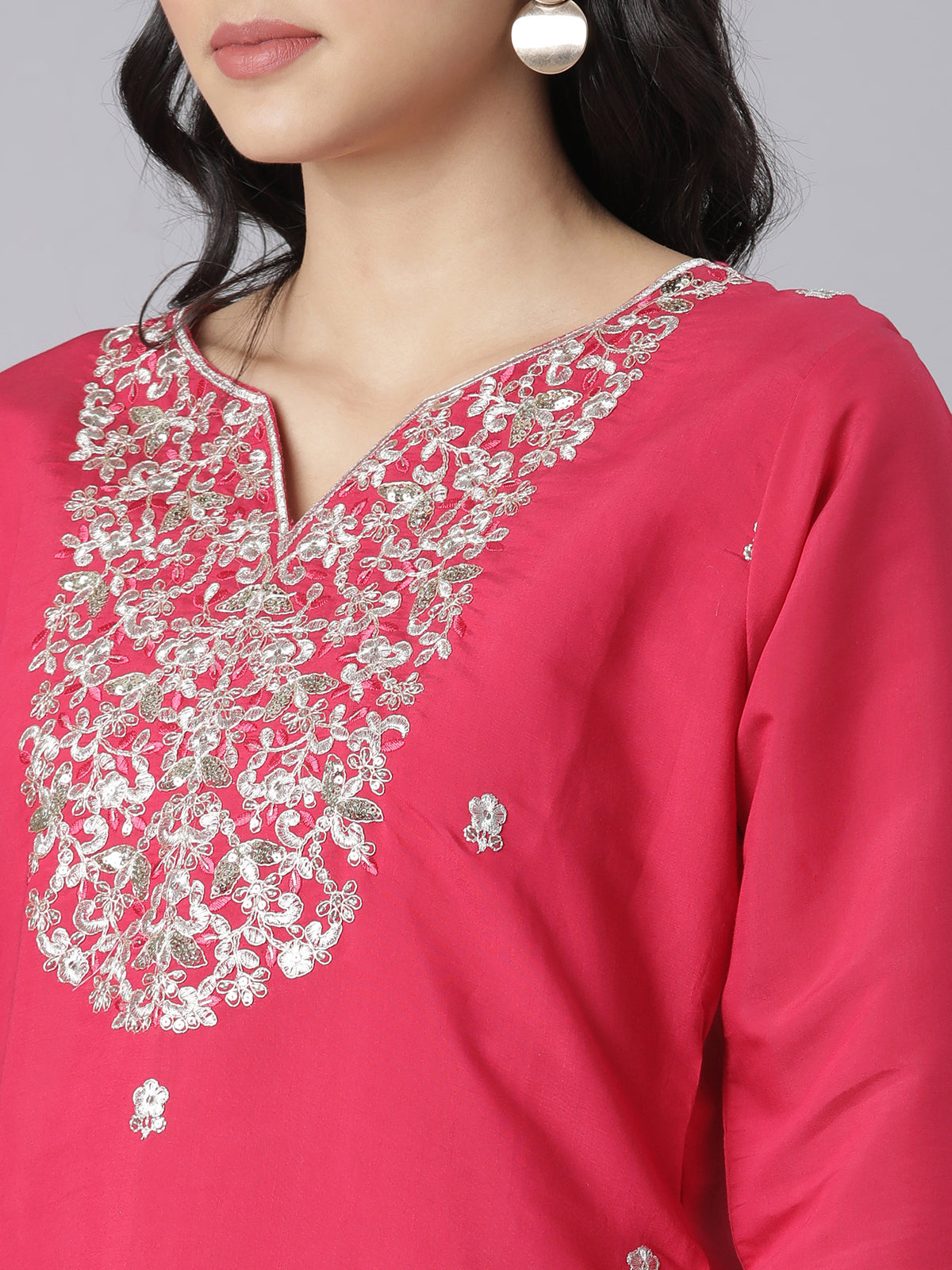 Pink Floral Embroidered Kurta Set with Gold Threadwork and Organza Dupatta