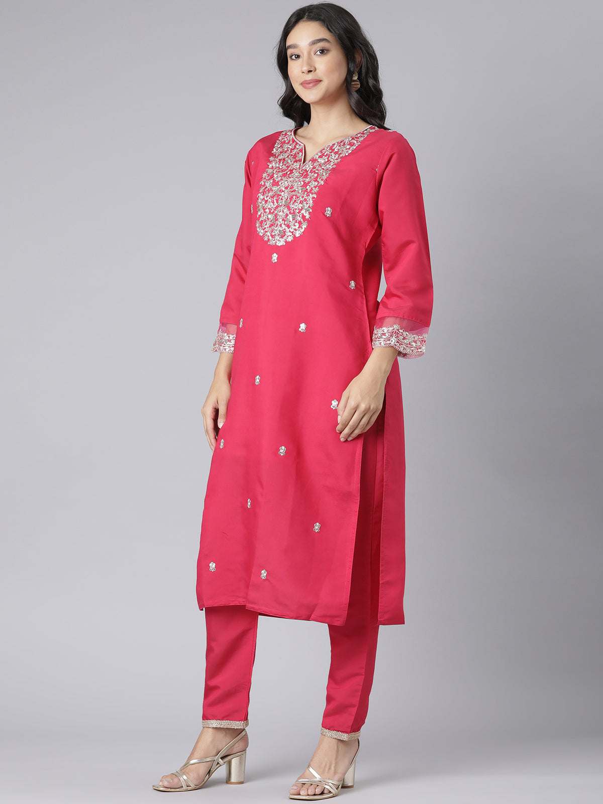 Pink Floral Embroidered Kurta Set with Gold Threadwork and Organza Dupatta