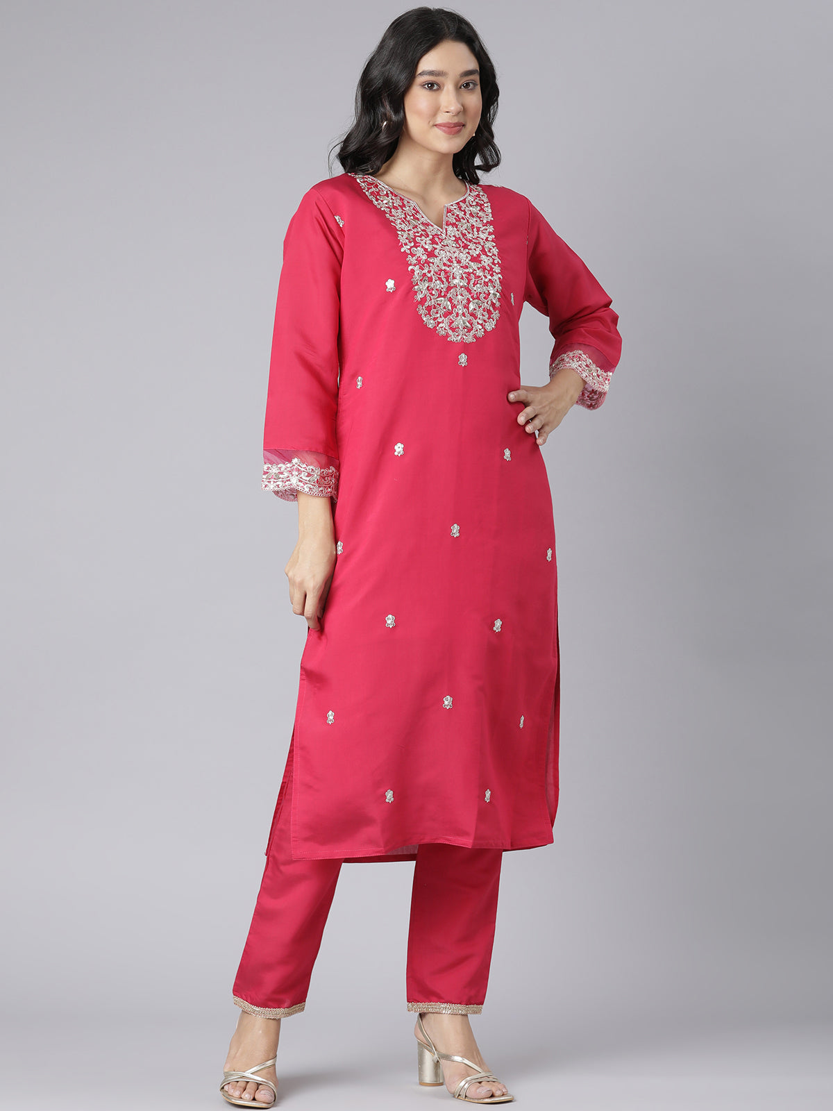 Pink Floral Embroidered Kurta Set with Gold Threadwork and Organza Dupatta