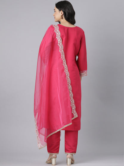 Pink Floral Embroidered Kurta Set with Gold Threadwork and Organza Dupatta