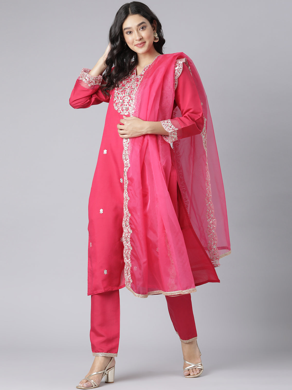 Pink Floral Embroidered Kurta Set with Gold Threadwork and Organza Dupatta