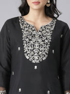 Black Floral Embroidered Kurta Set with Silver Threadwork and Organza Dupatta