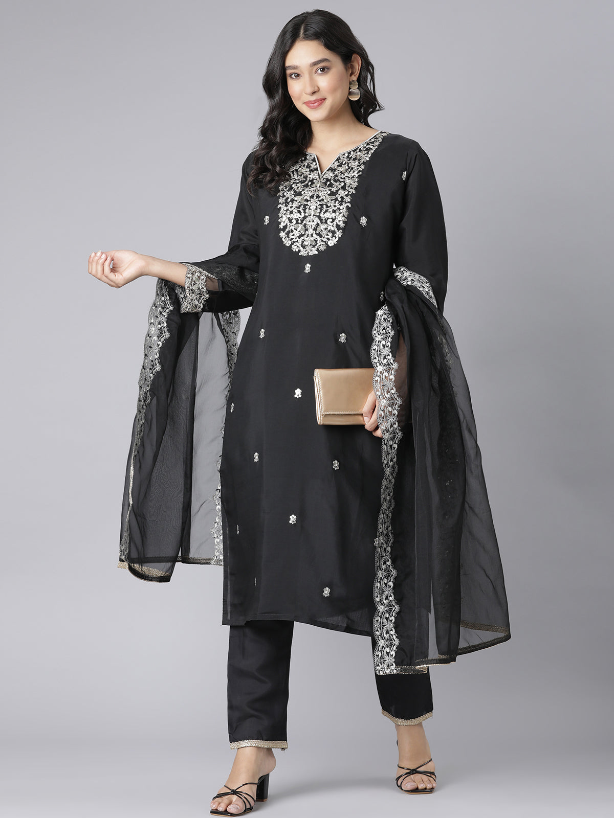 Black Floral Embroidered Kurta Set with Silver Threadwork and Organza Dupatta