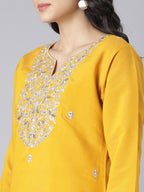 Yellow Floral Embroidered Kurta Set with Silver Threadwork and Organza Dupatta