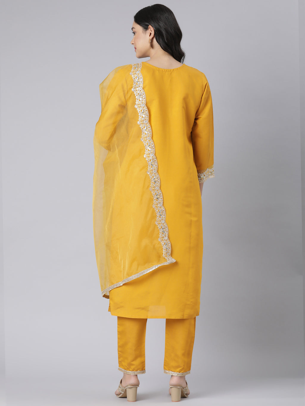 Yellow Floral Embroidered Kurta Set with Silver Threadwork and Organza Dupatta
