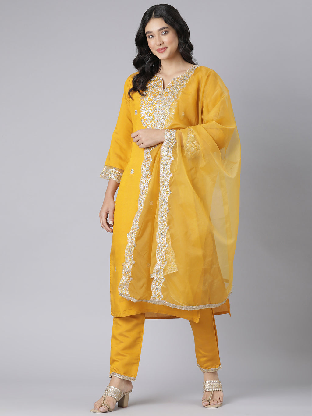 Yellow Floral Embroidered Kurta Set with Silver Threadwork and Organza Dupatta