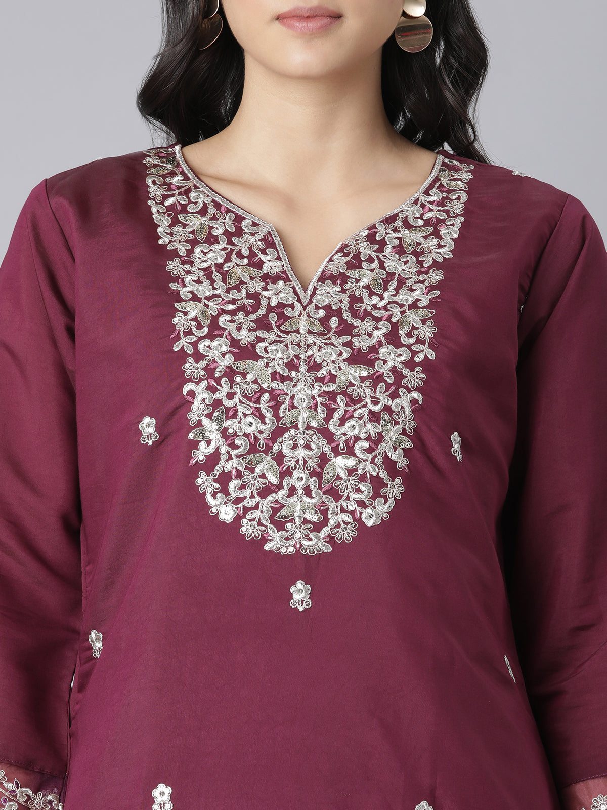Wine-Colored Kurta Set with Silver Floral Embroidery and Organza Dupatta
