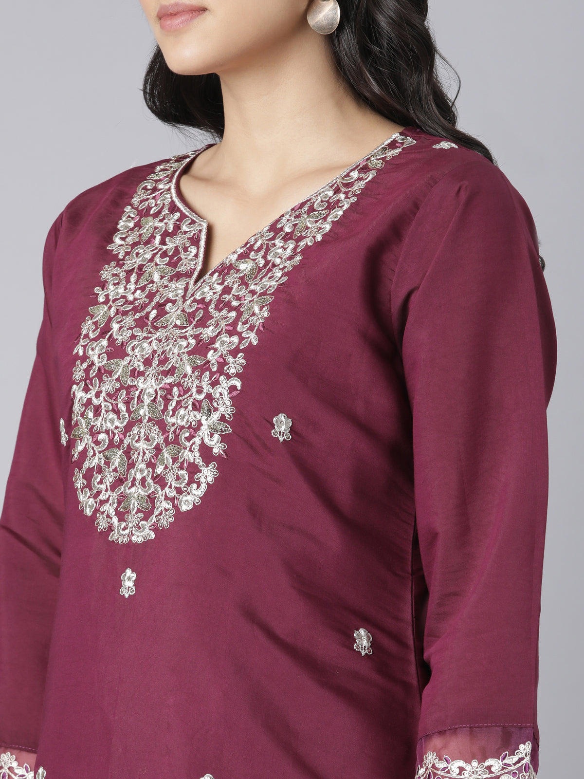 Wine-Colored Kurta Set with Silver Floral Embroidery and Organza Dupatta