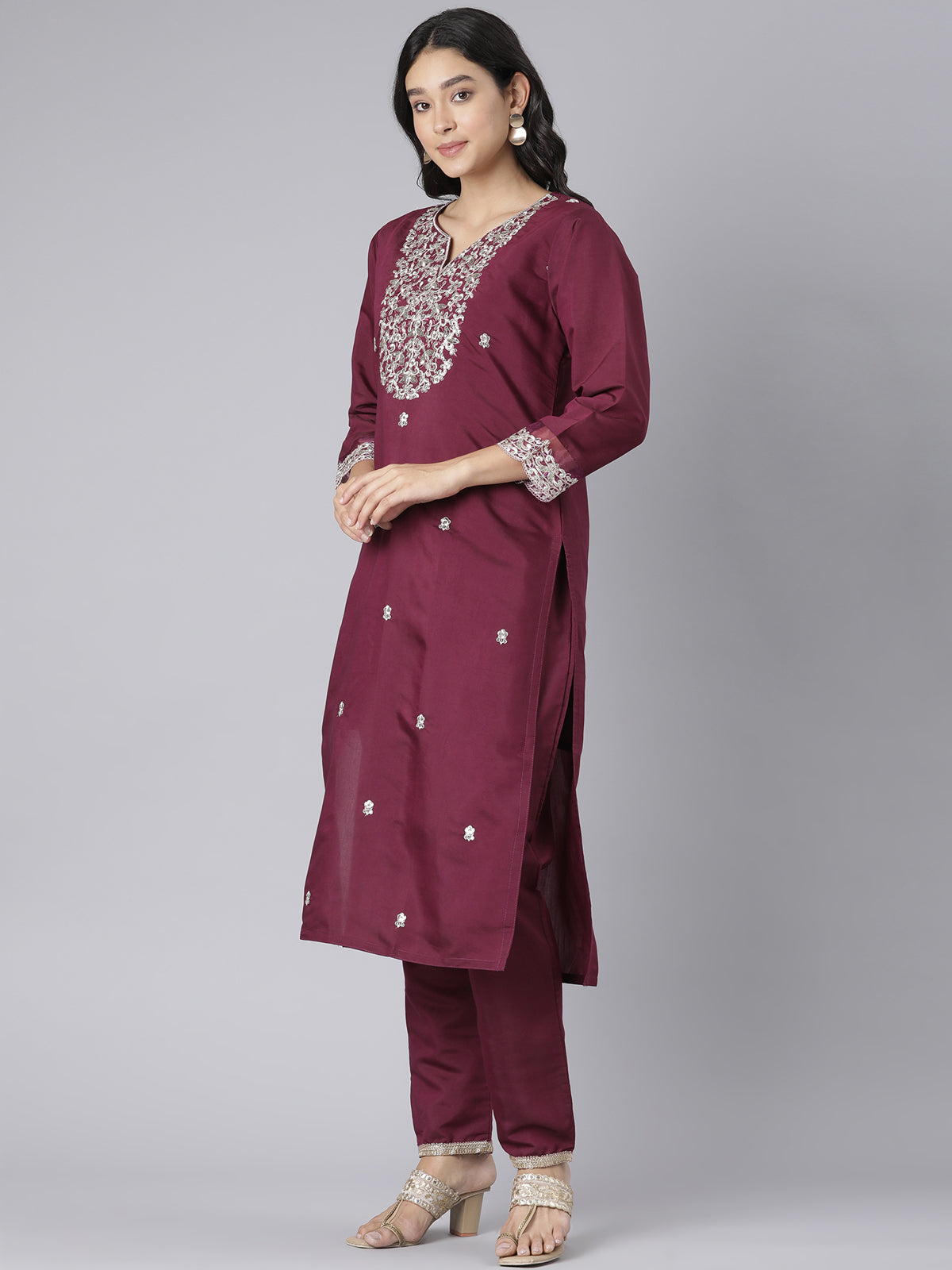 Wine-Colored Kurta Set with Silver Floral Embroidery and Organza Dupatta