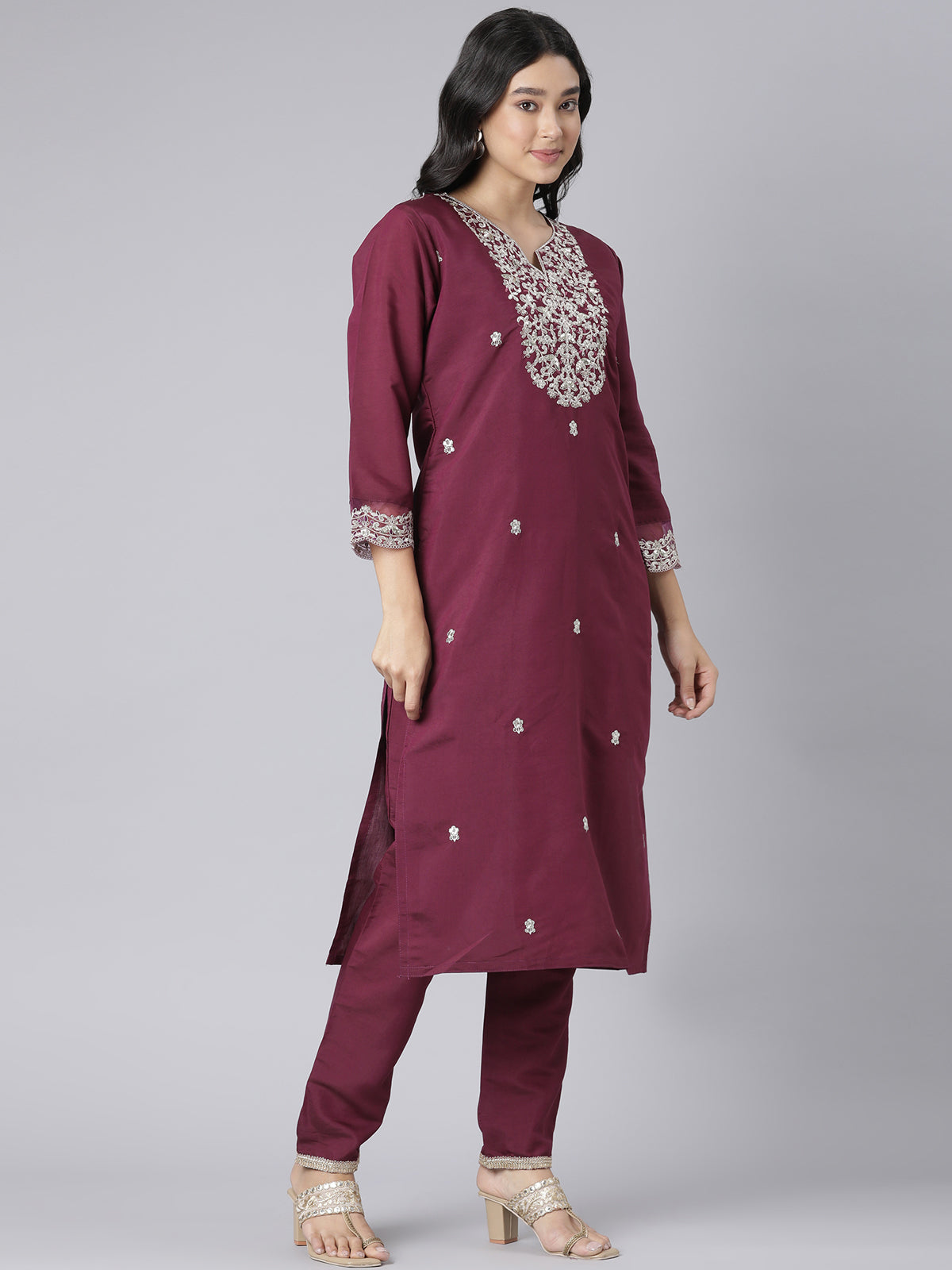 Wine-Colored Kurta Set with Silver Floral Embroidery and Organza Dupatta