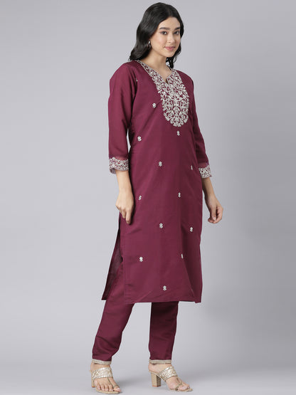 Wine-Colored Kurta Set with Silver Floral Embroidery and Organza Dupatta