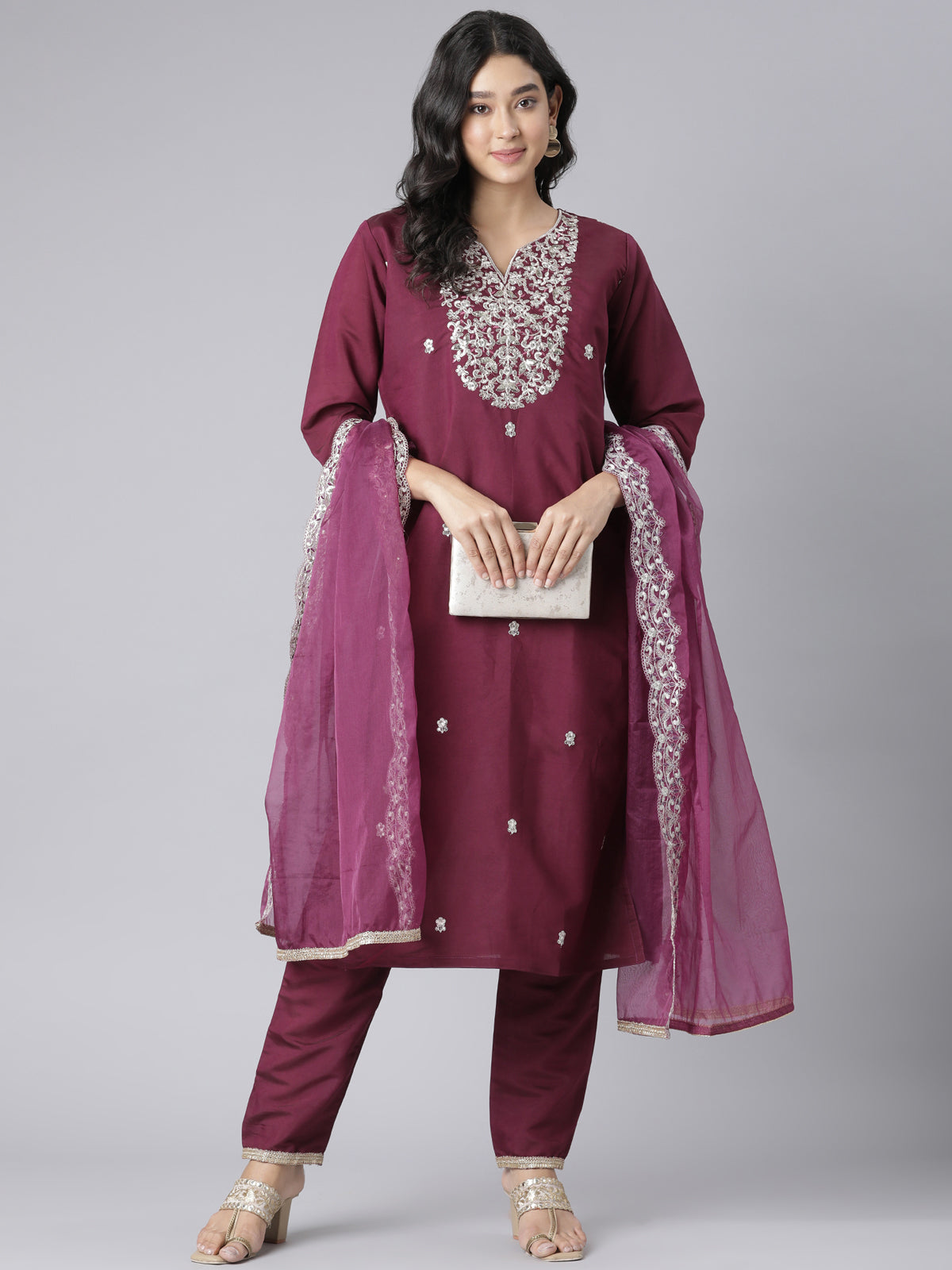 Wine-Colored Kurta Set with Silver Floral Embroidery and Organza Dupatta