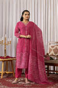 Pink Floral Embroidered Satin Kurti Set with Bandhani Dupatta
