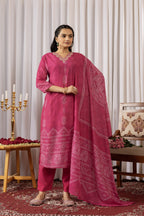 Pink Floral Embroidered Satin Kurti Set with Bandhani Dupatta