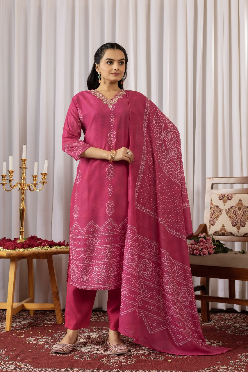 Pink Floral Embroidered Satin Kurti Set with Bandhani Dupatta