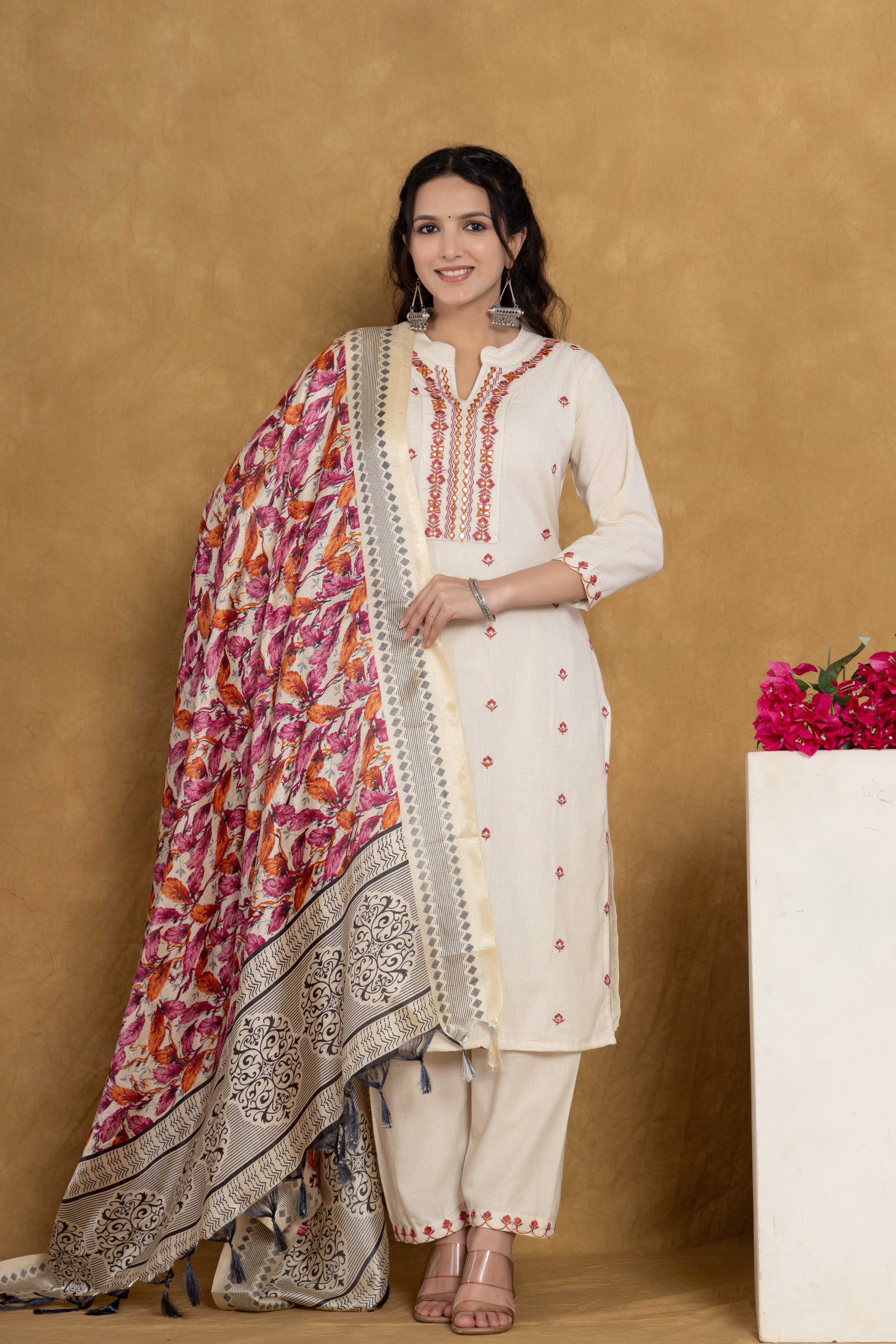 Elegant Off-White Kurti Set with Pink Floral Embroidery and Printed Dupatta