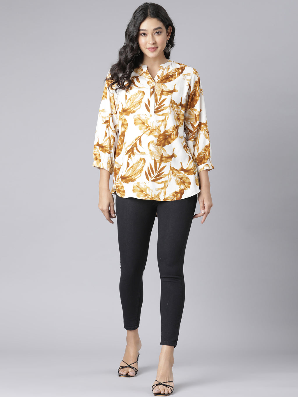 Golden Maple V-Neck Short Kurti with Earthy Brown Leaf Print on Ivory Base