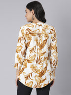 Golden Maple V-Neck Short Kurti with Earthy Brown Leaf Print on Ivory Base