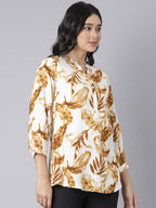 Golden Maple V-Neck Short Kurti with Earthy Brown Leaf Print on Ivory Base
