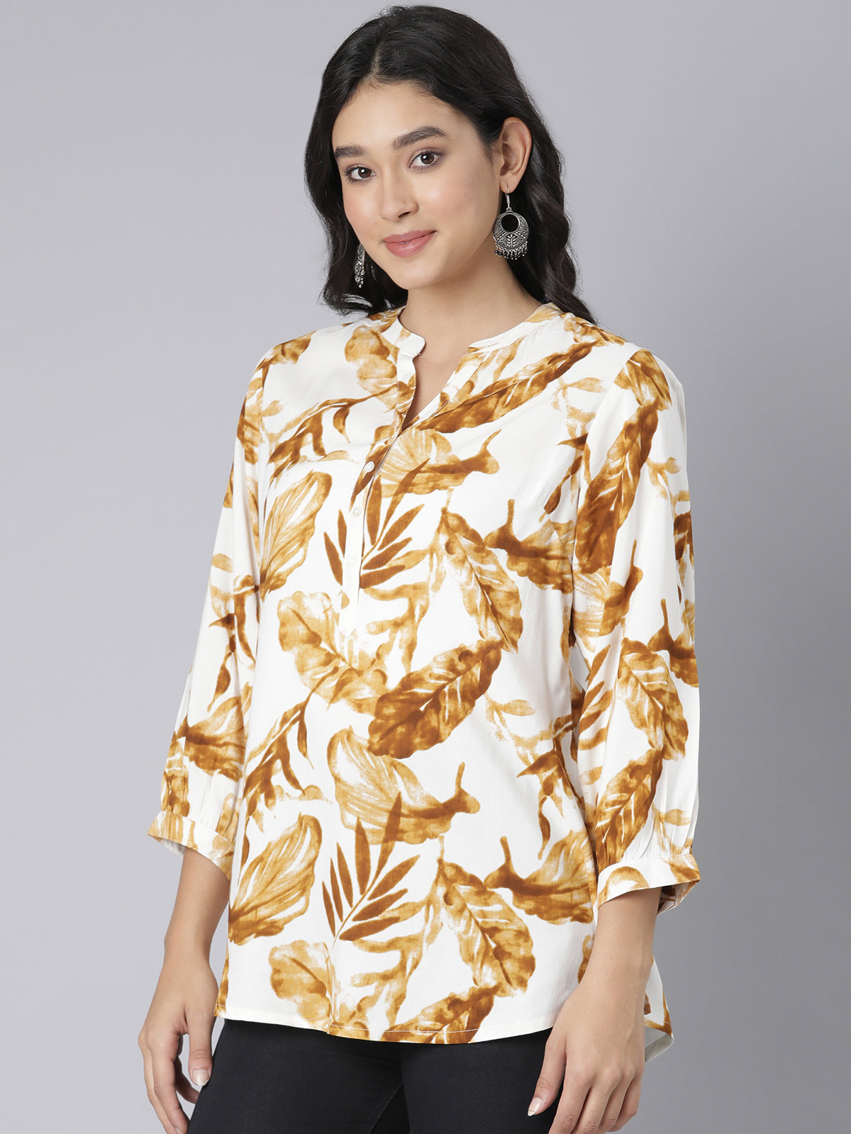 Golden Maple V-Neck Short Kurti with Earthy Brown Leaf Print on Ivory Base