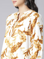 Golden Maple V-Neck Short Kurti with Earthy Brown Leaf Print on Ivory Base
