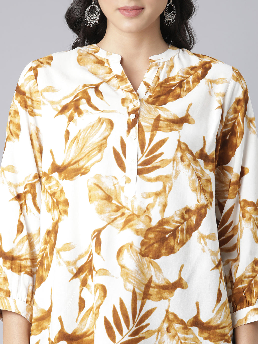 Golden Maple V-Neck Short Kurti with Earthy Brown Leaf Print on Ivory Base