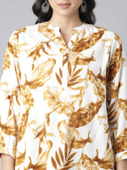 Golden Maple V-Neck Short Kurti with Earthy Brown Leaf Print on Ivory Base