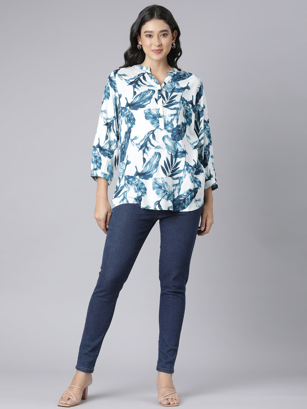 Indigo Whisper Notch-Neck Short Kurti with Oceanic Blue Leaf Print on Ivory Base