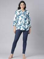 Indigo Whisper Notch-Neck Short Kurti with Oceanic Blue Leaf Print on Ivory Base