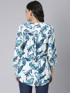 Indigo Whisper Notch-Neck Short Kurti with Oceanic Blue Leaf Print on Ivory Base